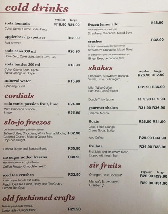 Carta de Food Chain, Pretoria, Menlyn Park Shopping Centre