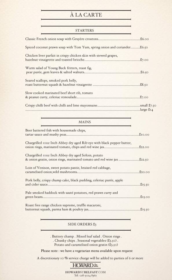 Menu at Howard Street restaurant, Belfast