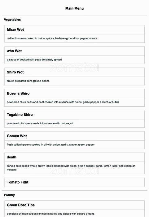 Carta de Zobel Ethiopian Cuisine