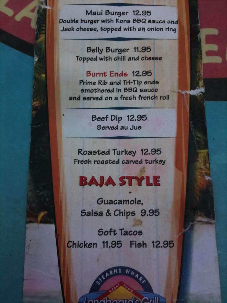 Menu at Longboard's Grill pub & bar, Santa Barbara