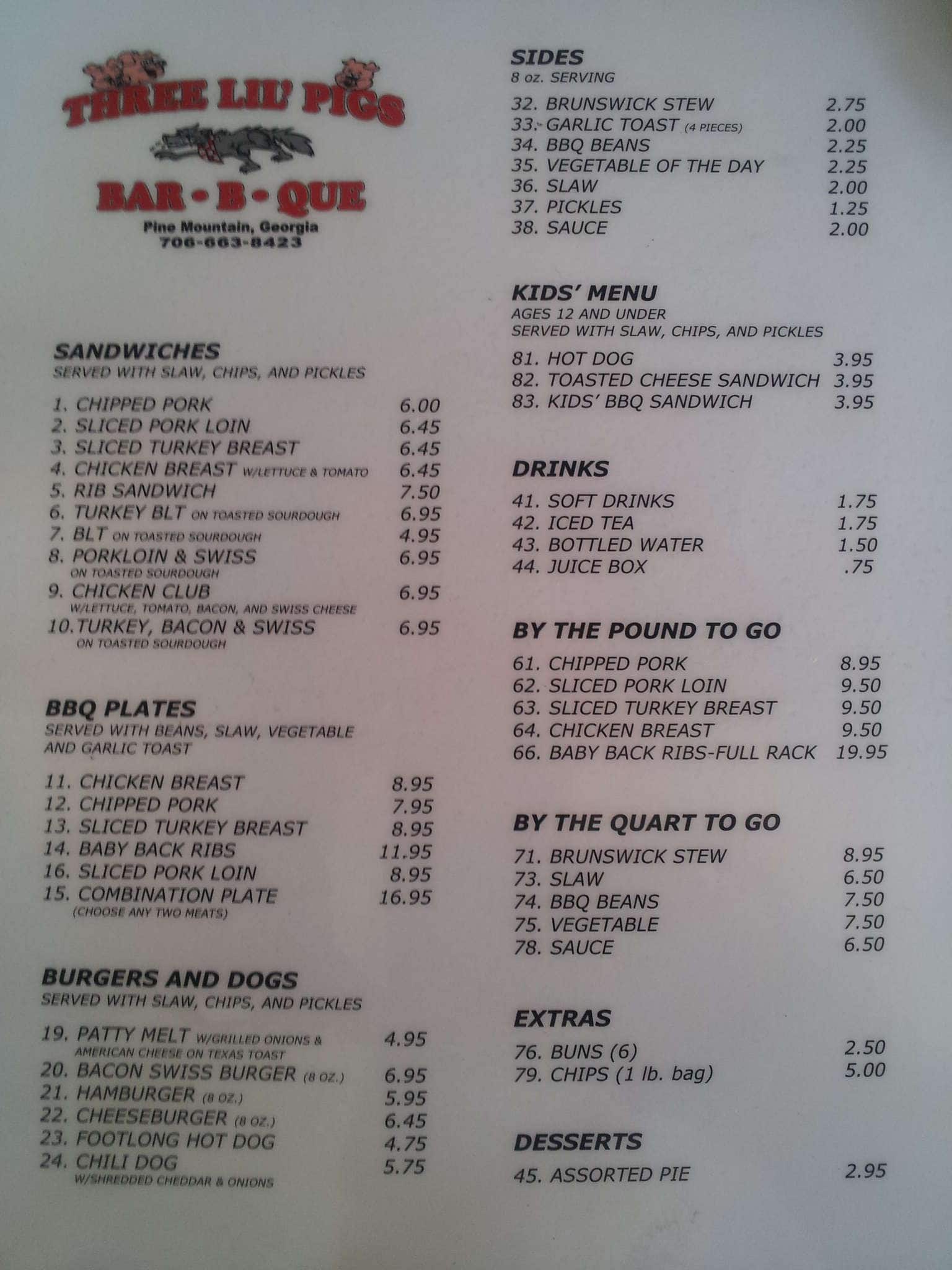 Menu at Three Lil Pigs BBQ, Pine Mountain, 146 S Main Ave