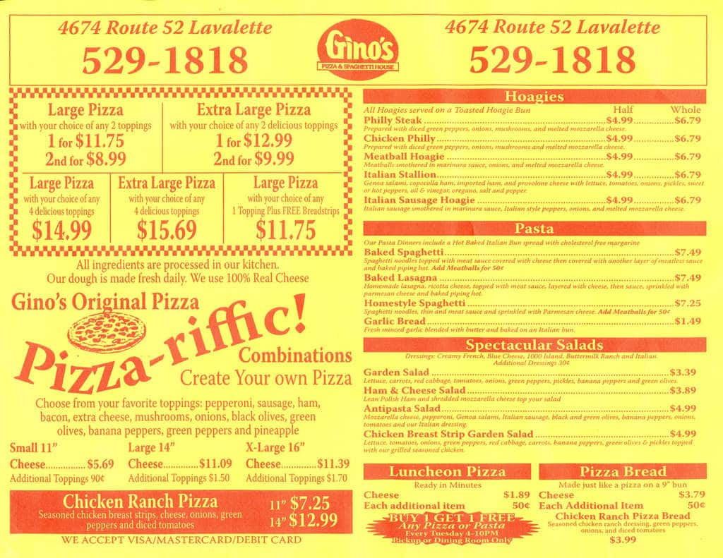 Gino S Pizza Spaghetti House Menu