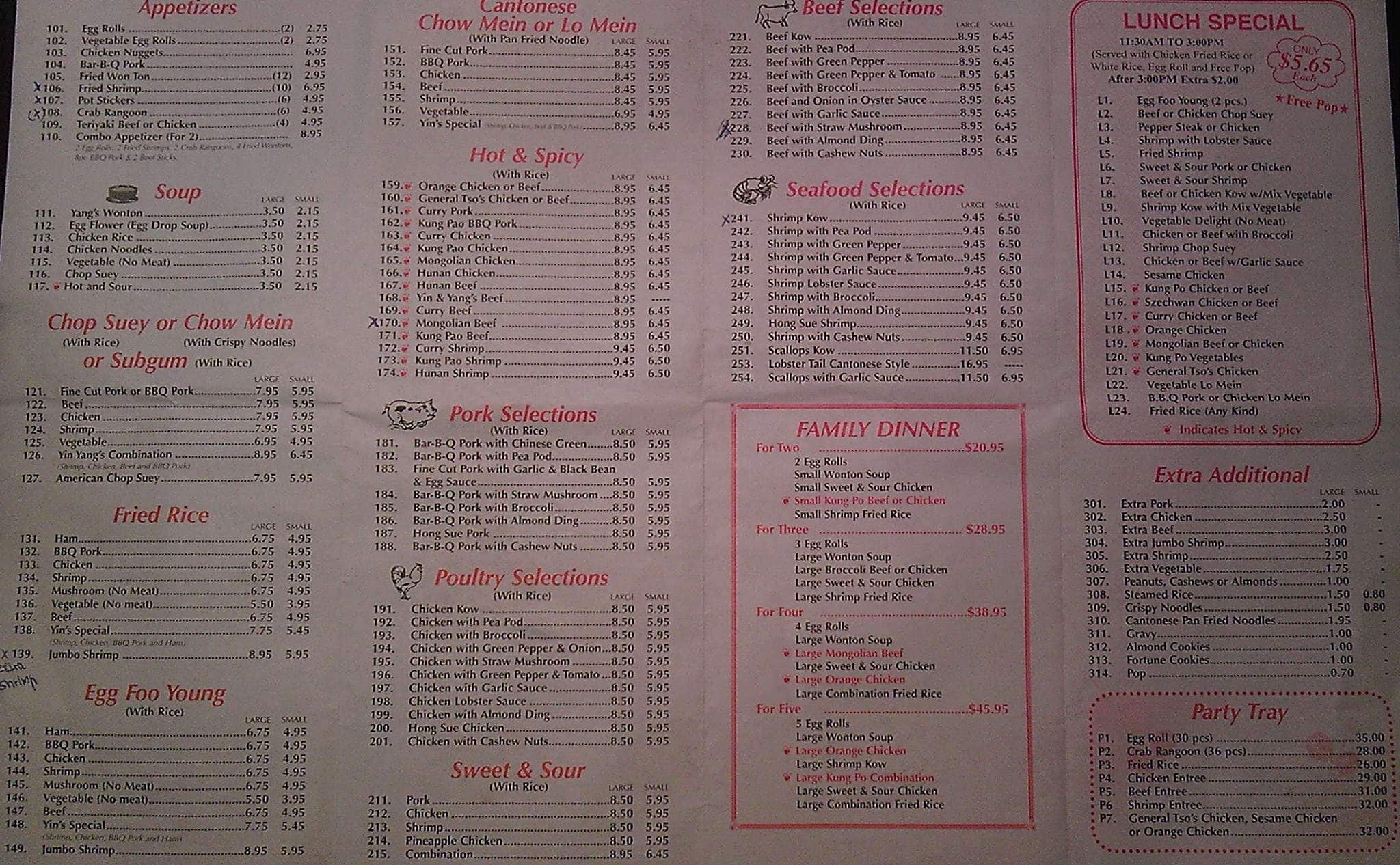 Yin & Yang's Carry Out Restaurant menu