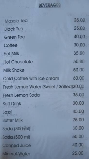 Hotel Pannadhay Palace Roof Top Restaurant menu