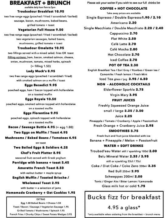 The Troubadour Menu, Menu for The Troubadour, Earl's Court, London