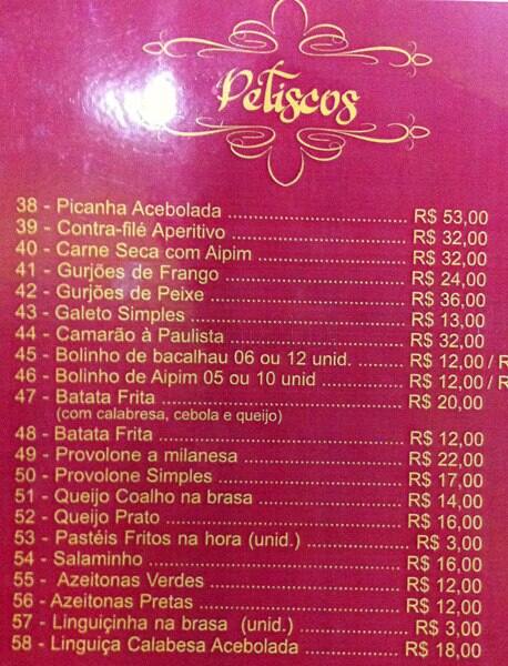 Galeteria Laranjeiras cardápio