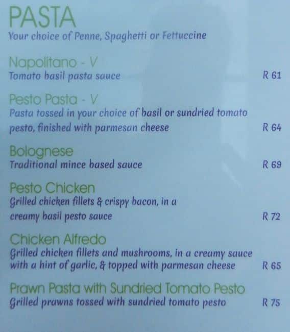 Menu at Pesto restaurant, Durban