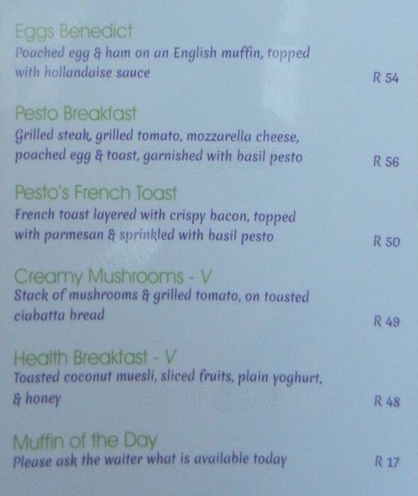 Menu at Pesto restaurant, Durban