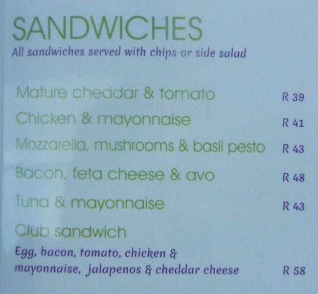 Menu at Pesto restaurant, Durban