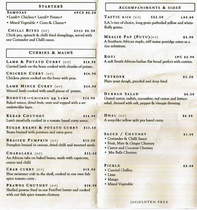 Durban Dish menu, Menu restauracji Durban Dish, Baulkham Hills, Sydney