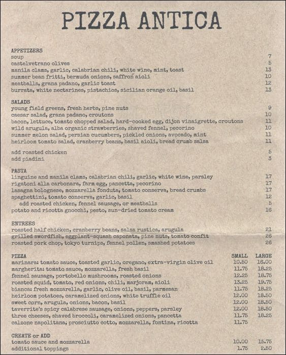 Pizza Antica Menu Menu For Pizza Antica Mill Valley Mill