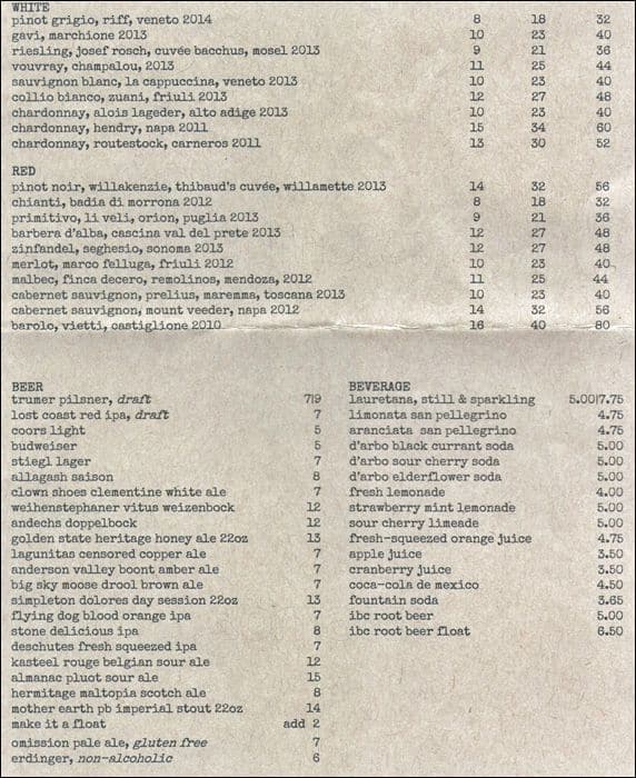 Menu at Pizza Antica pizzeria, San Jose