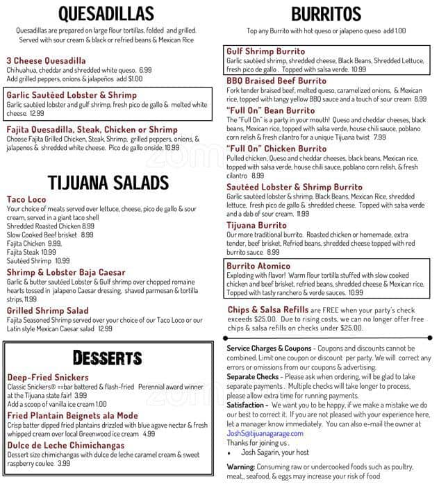 Menu At Tijuana Garage Pub Bar Atlanta