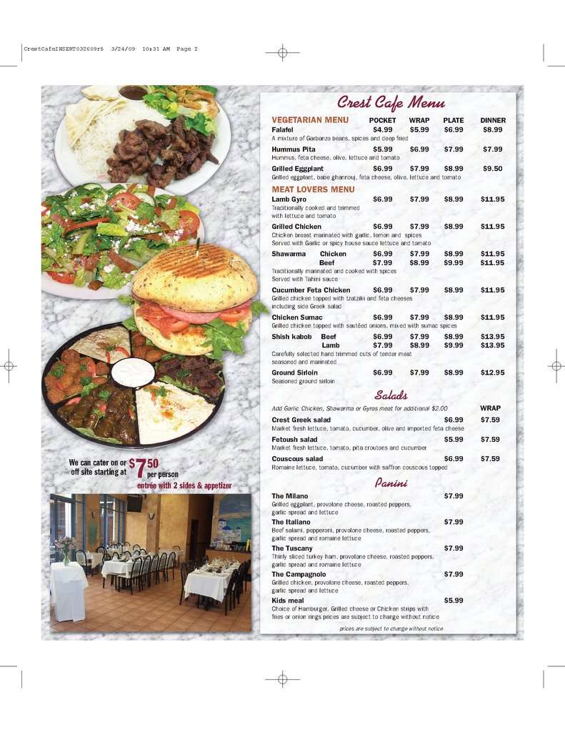 Crest Cafe menu