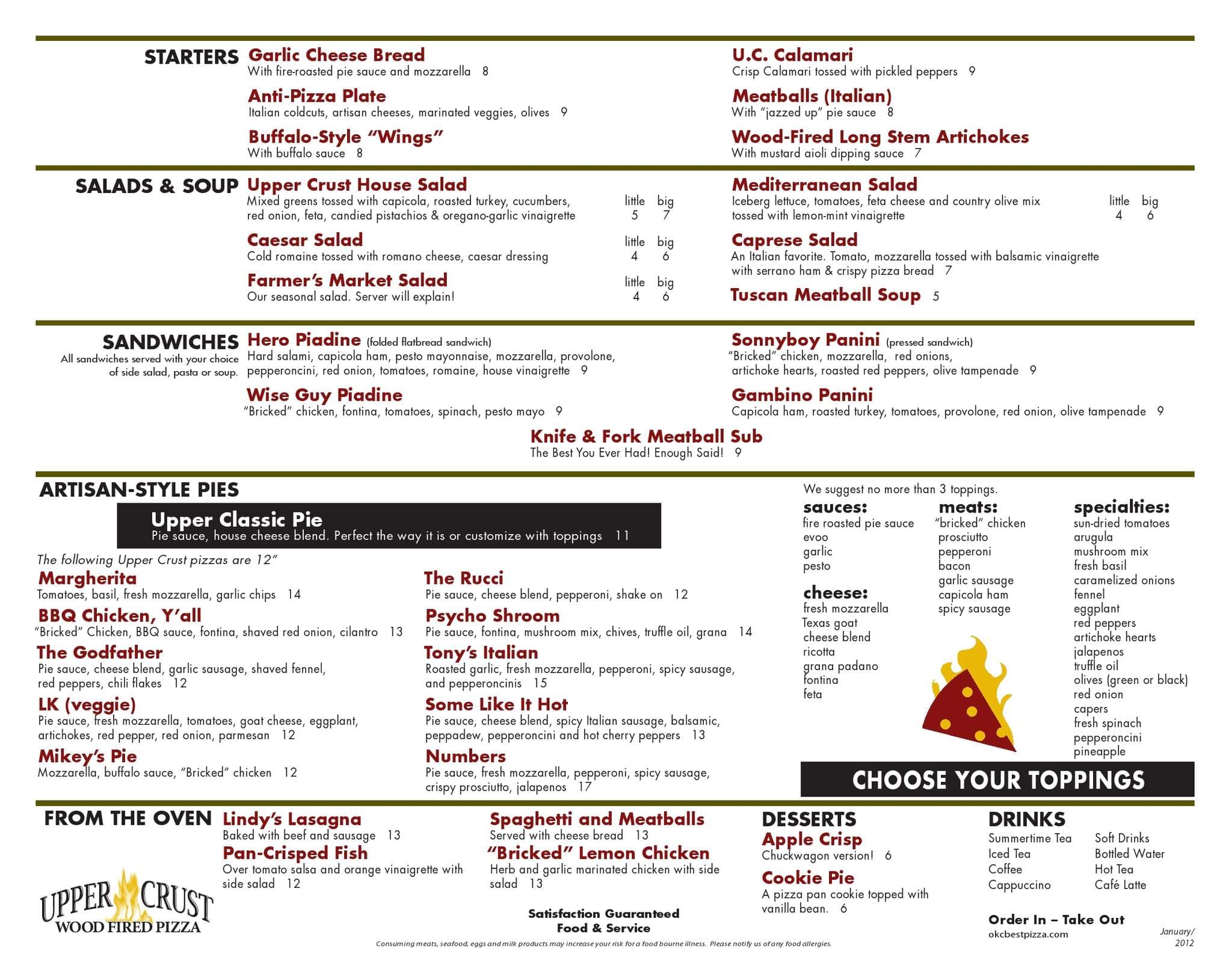 Menu at Upper Crust Wood Fired Pizza pizzeria, Oklahoma City, N Classen