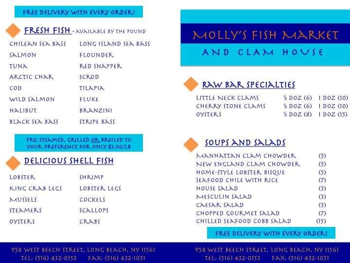 Molly's Fish House Menu, Menu for Molly's Fish House, Long Beach, Long