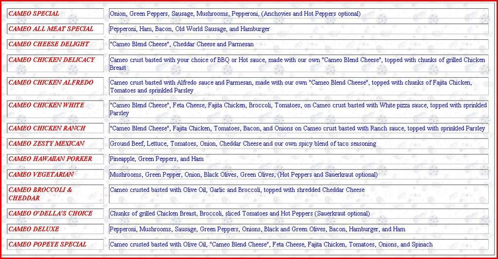 Cameo Pizza Menu, Menu for Cameo Pizza, Sandusky/Huron, Sandusky/Huron