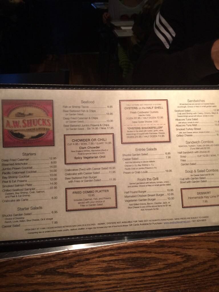 Menu at A W Shucks pub & bar, CarmelbytheSea