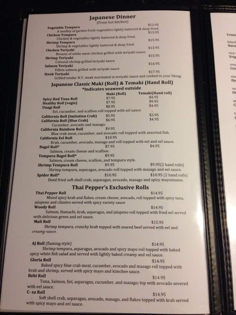 Menu at Thai Pepper restaurant, Fort Pierce