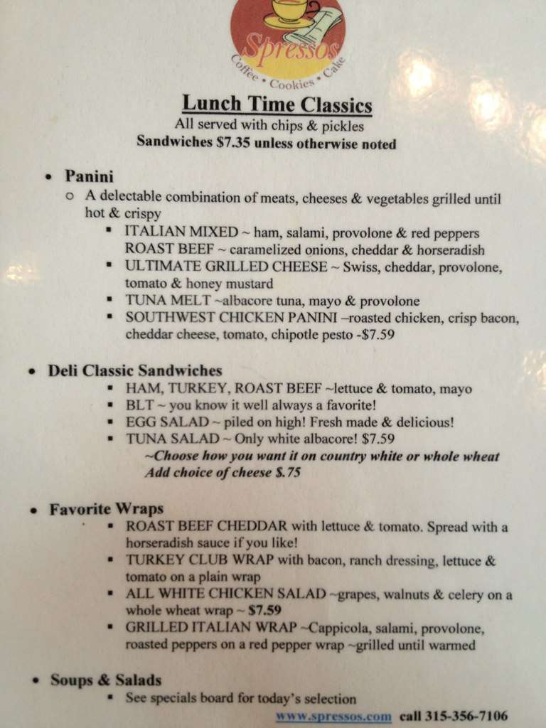 Menu at Spressos Coffee Cookies Cakes cafe, Rome