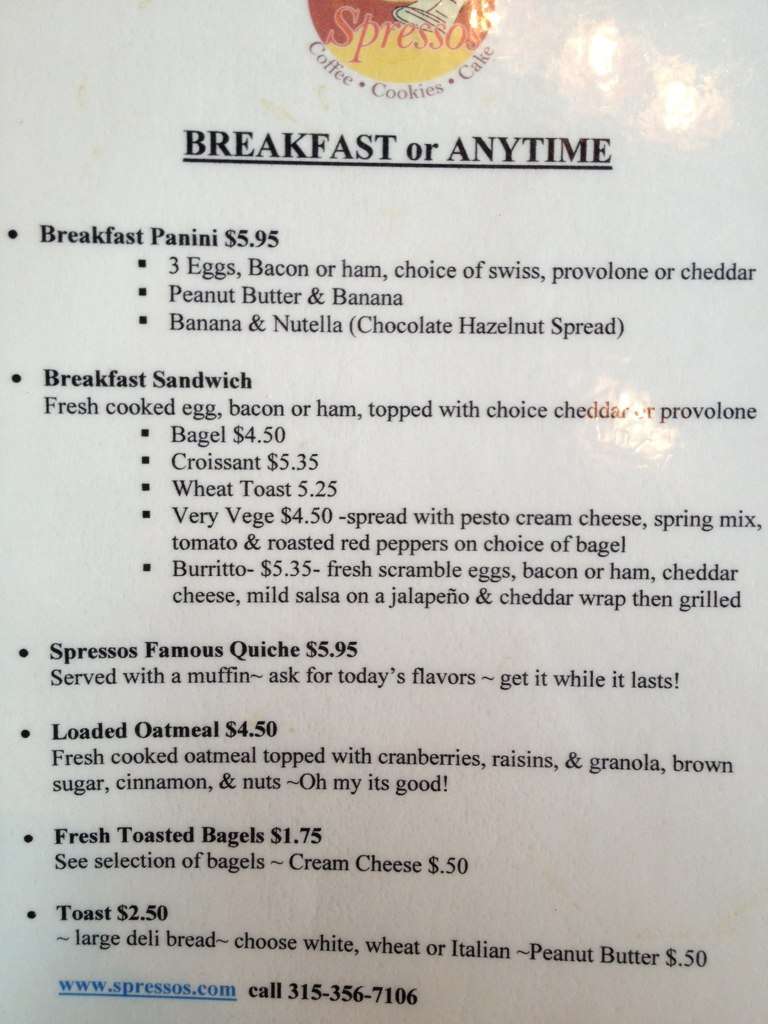 Menu at Spressos Coffee Cookies Cakes cafe, Rome