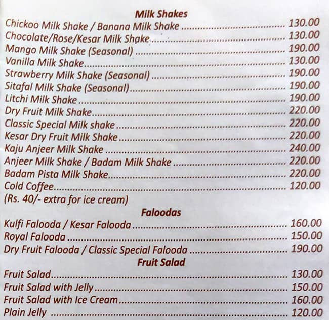 Menu of Classic Veg Restaurant, Malad East, Mumbai