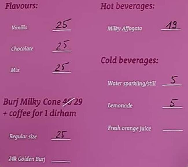 Menu of Milky Ice, Al Safa, Dubai