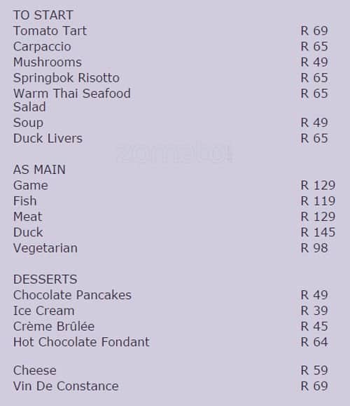 Menu at Pomegranate restaurant, Cape Town