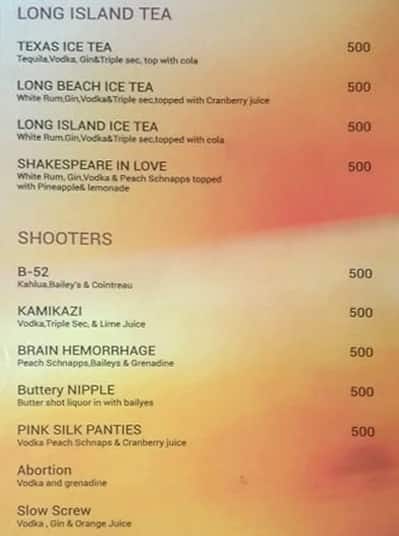 Score Lounge Bar Night Club menu