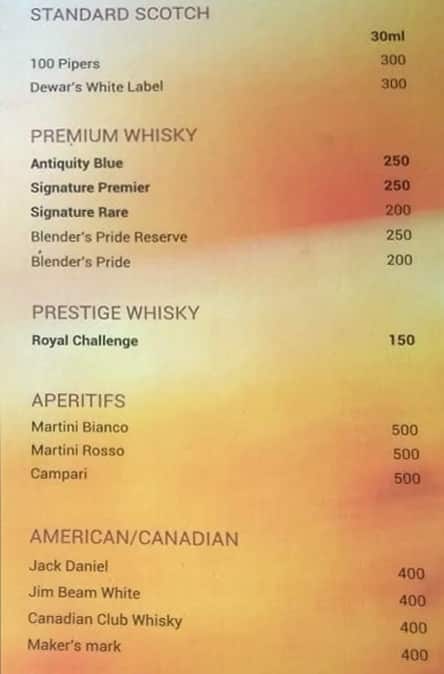 Score Lounge Bar Night Club menu