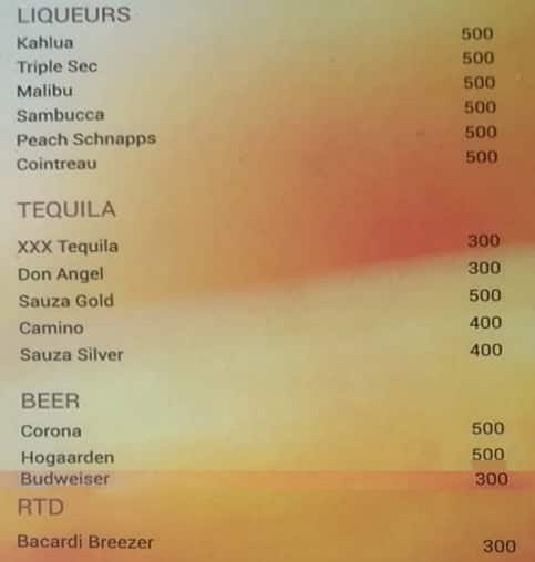 Score Lounge Bar Night Club menu