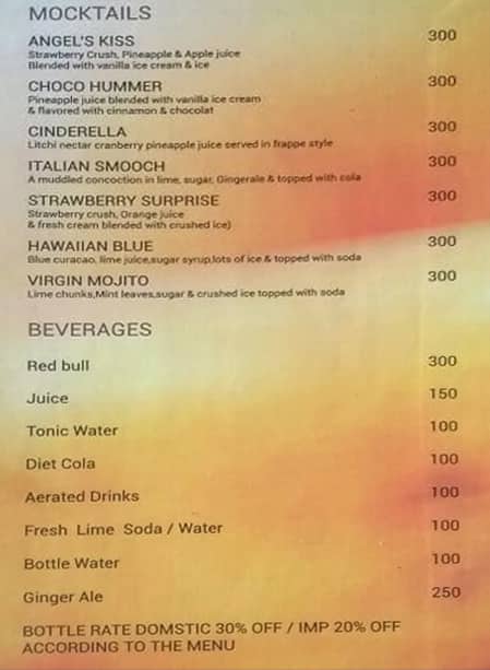 Score Lounge Bar Night Club menu
