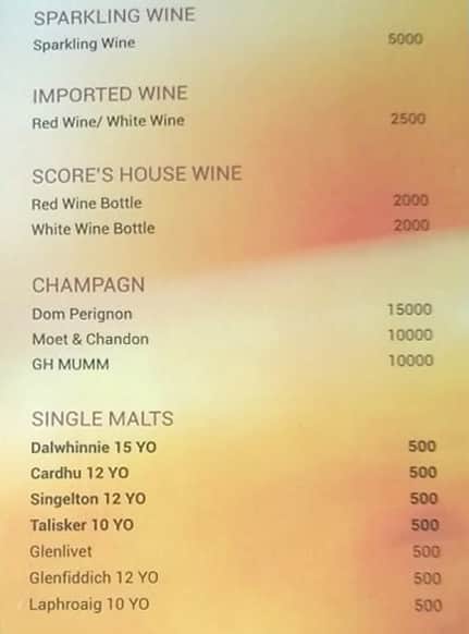 Score Lounge Bar Night Club menu