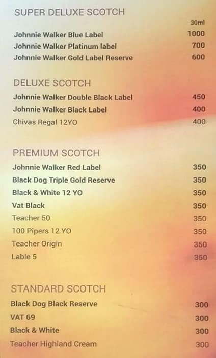 Score Lounge Bar Night Club menu