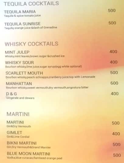 Score Lounge Bar Night Club menu