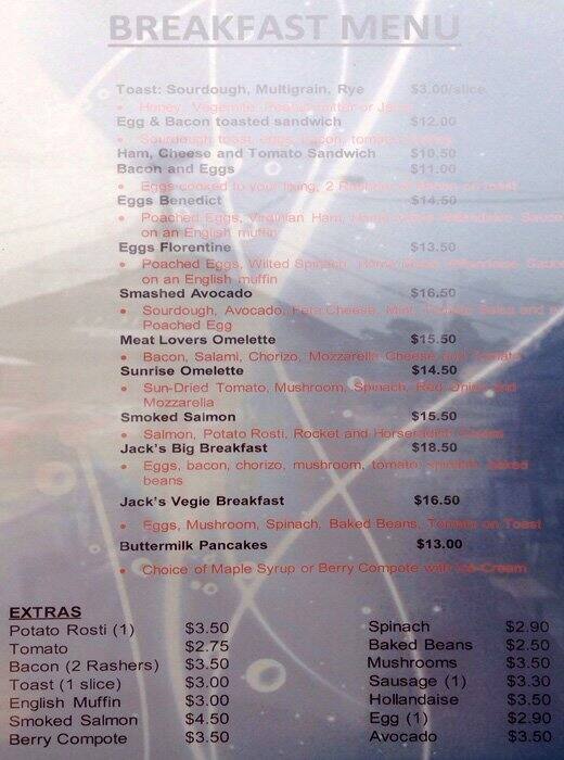 Jack's Place Menu, Menu for Jack's Place, Ferntree Gully, Melbourne