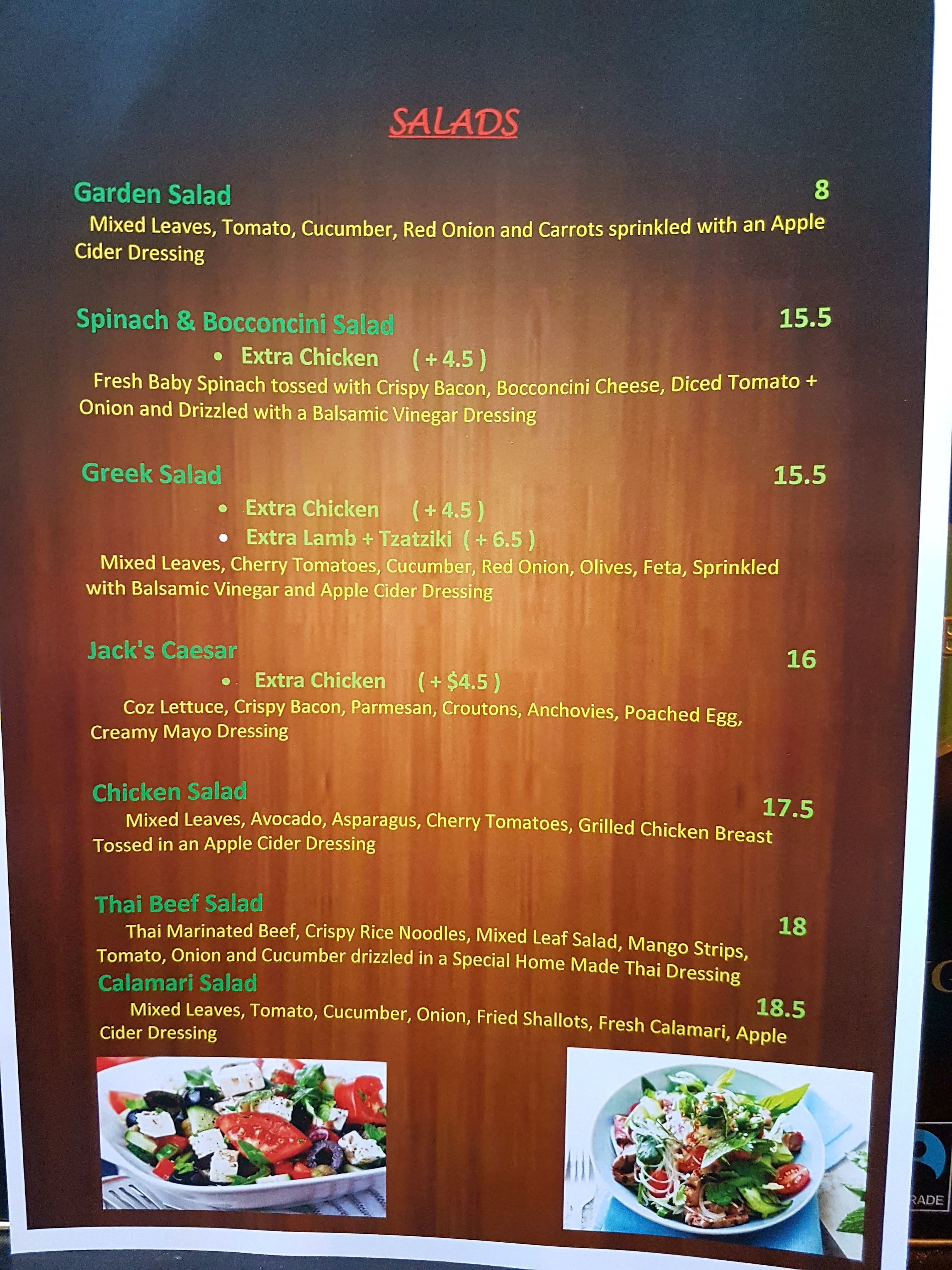 Menu at Jack's Place restaurant, Ferntree Gully