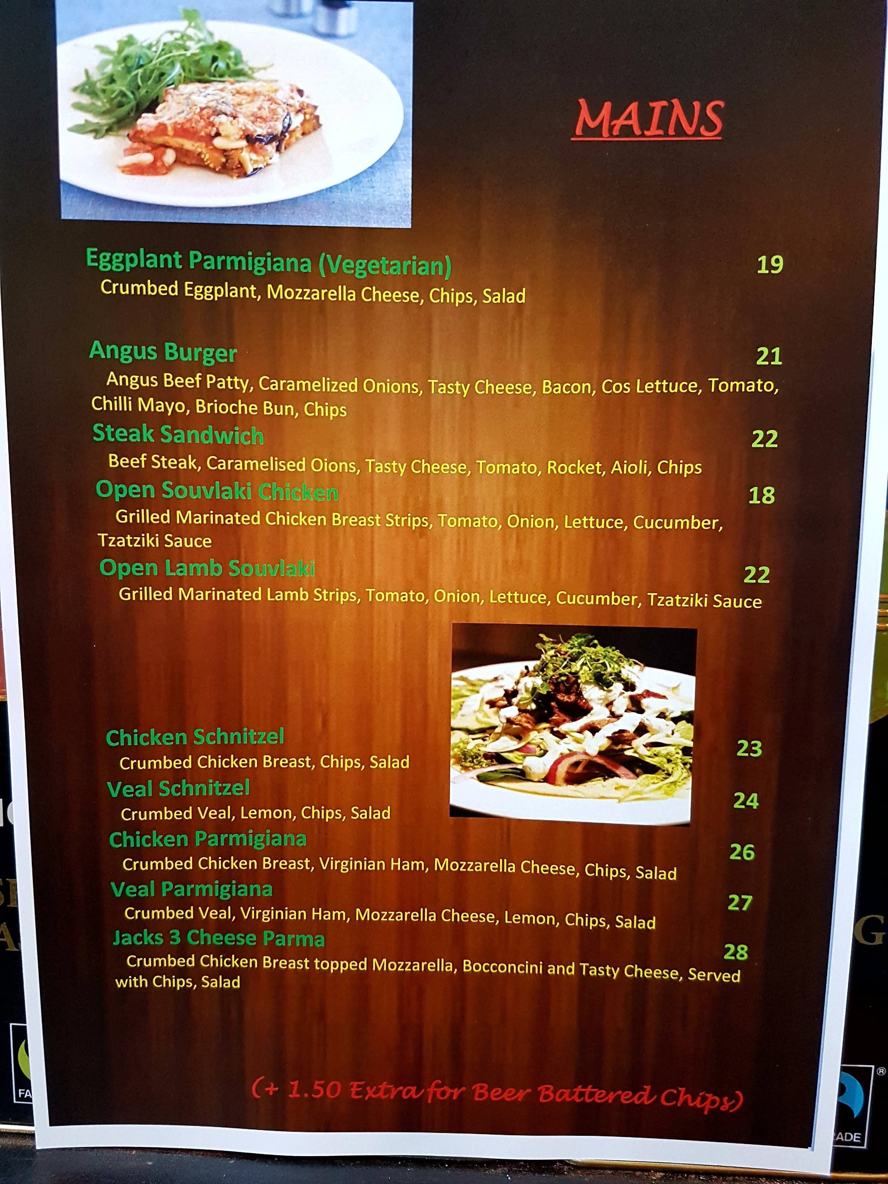 Menu at Jack's Place restaurant, Ferntree Gully