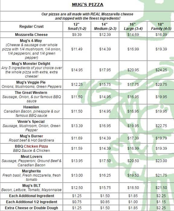 Menu at Mug's Pizza & Ribs pizzeria, Schaumburg