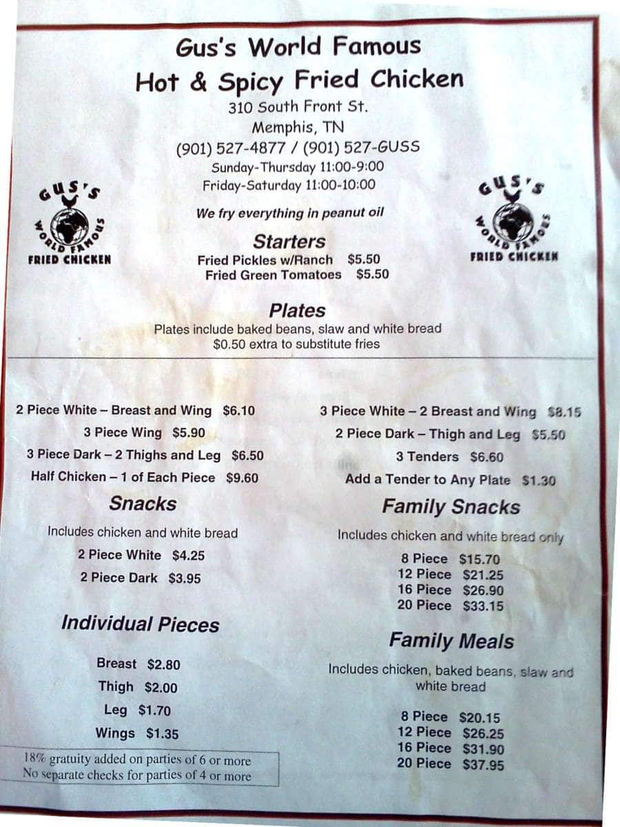 Gus S World Famous Fried Chicken Menu