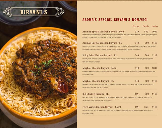 Aroma's Hyderabad House menu