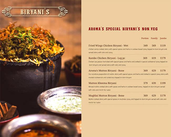 Aroma's Hyderabad House menu
