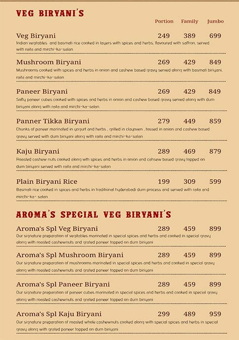 Aroma's Hyderabad House menu