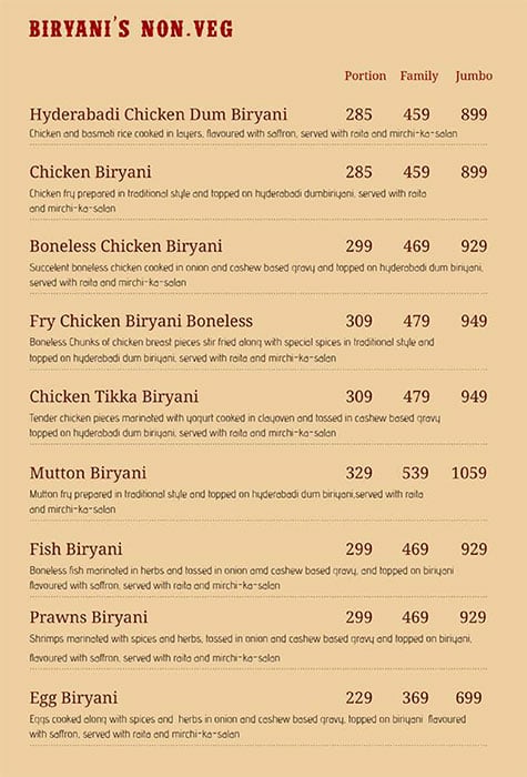Aroma's Hyderabad House menu