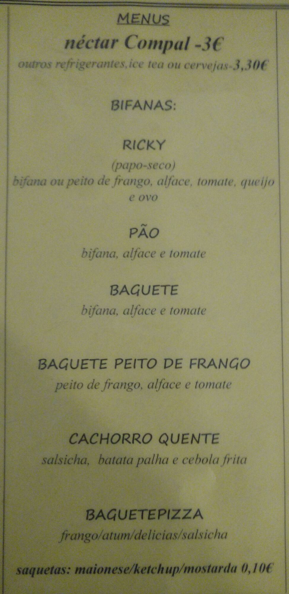 Carta de Snack Bar Ricky