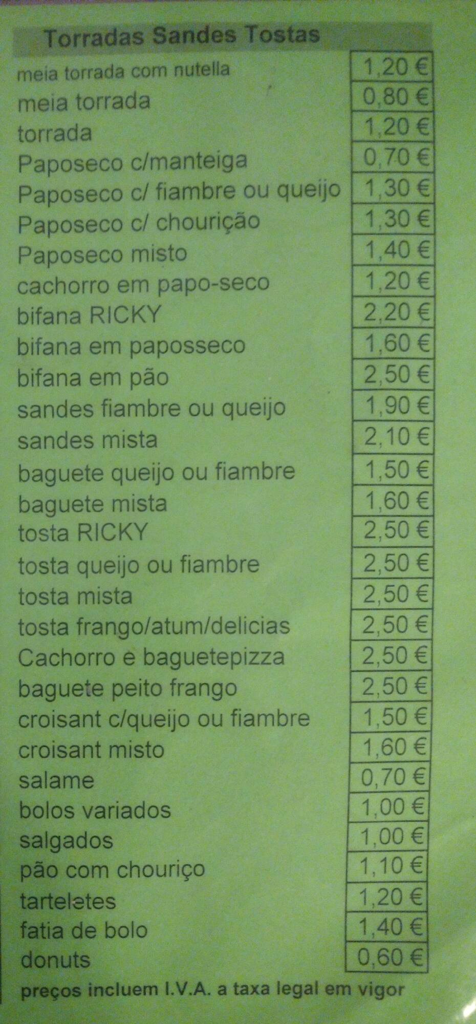 Carta de Snack Bar Ricky