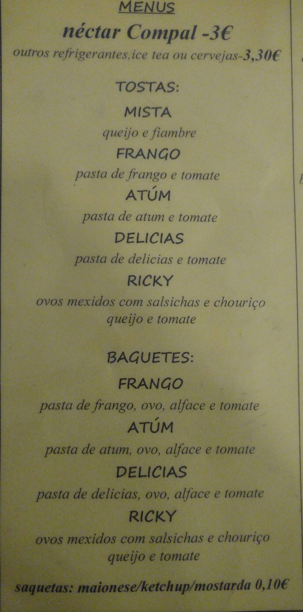 Carta de Snack Bar Ricky