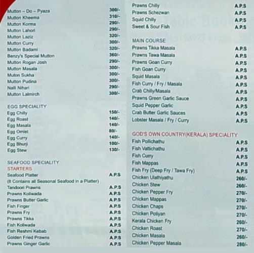 Benzy's Restaurant menu