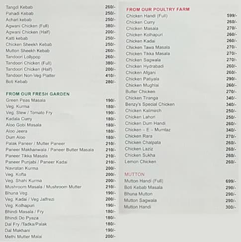 Benzy's Restaurant menu