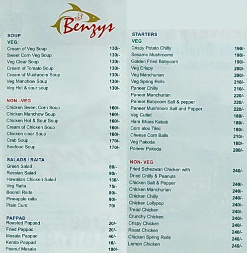 Benzy's Restaurant menu